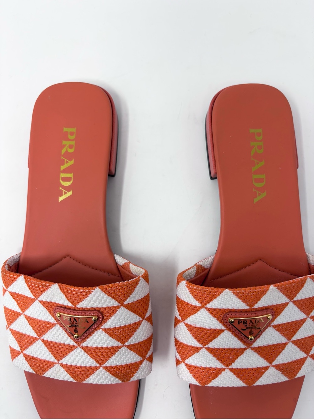 Prada Triangle Logo Slide Mule Orange Leather and Jacquard Canvas size 37 Flat - Picture 6 of 7